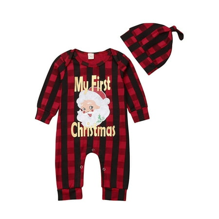 

Jxzom Newborn Infant Baby Boy Girl My First Christmas Outfit Santa Plaid Romper Jumpsuit Hat Set