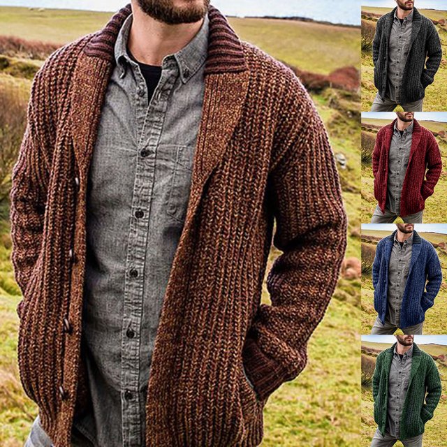 Cárdigan de otoño e invierno para hombre, suéter de punto ajustado de manga larga de color sólido, suéter para hombre