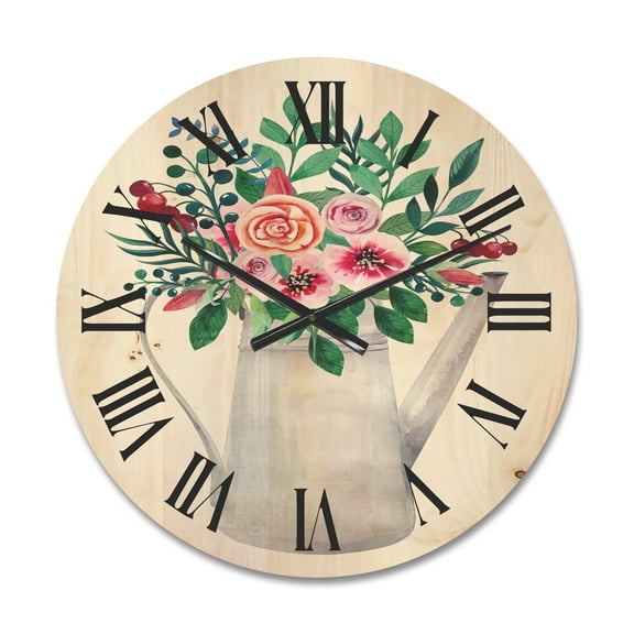 Designart 'Bouquets of Flowers In Rustic Flowering Pot With Berries' Traditional Wood Wall Clock