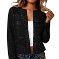 thumbnail image 3 of Women's Metallic Foil Cardigan, Long Sleeve Open Front Glitter Jacket, Cropped Casual Coat, Date Night Top, Sparkly Outerwear Black L, 3 of 6