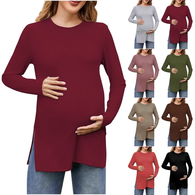 Sentmoon Vêtements de Maternité pour le Travail, Coupe Ample, Col Rond, Extensibles, Vêtements de Grossesse, Couleur Unie, T-Shirt de Maternité à Manches Longues, Décontracté pour les Rassemblements des Fêtes, Rouge, M
