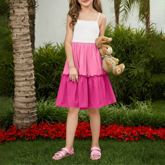 Delliss Girl's Summer Sleeveless Sundress Spaghetti Strap Sling Backless Dress Casual Beach Sundress