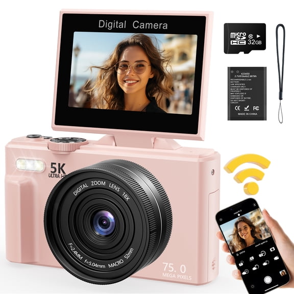 Camtryzine 5K 75MP Digital Camera for Photography YouTube with 180° Flip Screen 32GB Card,WiFi Autofocus Vlogging Camera for Beginner & Teen(Pink)