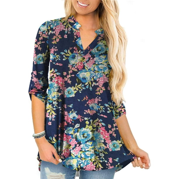Women's Tops 3/4 Roll Sleeve Shirts V Neck Plus Size Blouses Tunic