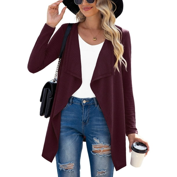 SHOWMALL Women's Lightweight Waffle Knit Cardigan Irregular Hem