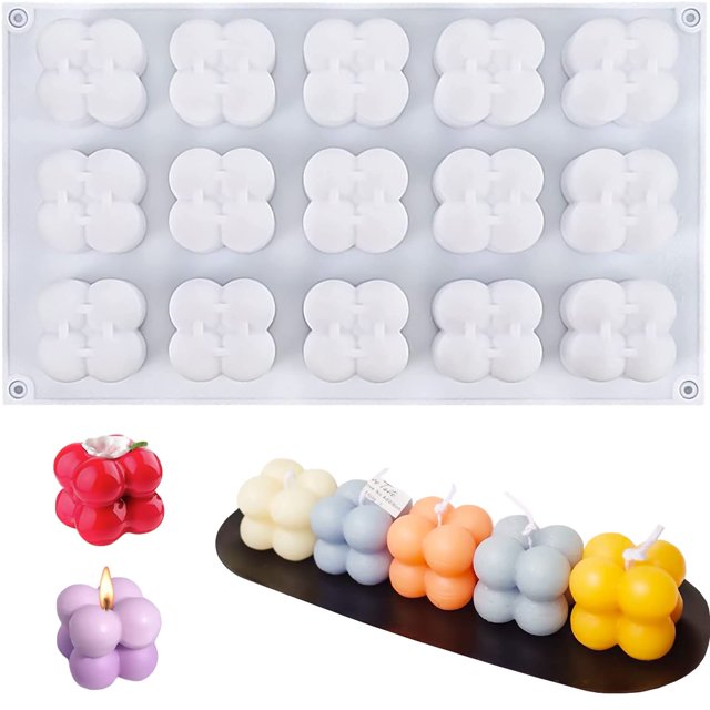 Molde de silicona para velas de burbujas SILICANDO, molde de cera de soja hecho a mano 15 en 1, molde de resina para velas con forma de bola de cubo de burbujas en 3D, pastel de mousse