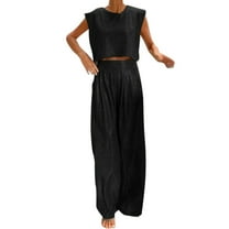 Bmisegm Women's Casual Glossy Vest and Wide Leg Pants Two Piece Set Round Neck Sleeveless Crop Top Long Pants Party Outfit Womens Pant Suit Black S