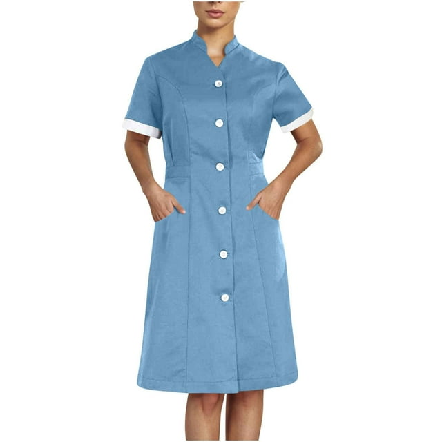 Xfvqtps Robe d'Infirmière pour Femmes avec Poches Bouton Manches Courtes Col Montant Robe de Travail Bleu Clair