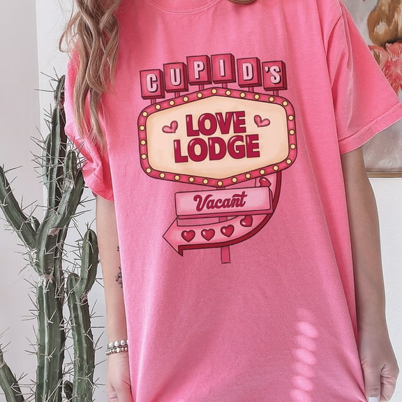 Valentines Day Shirt, Comfort Colors Valentine Shirt, Cupids Love Lodge, Cupids Love Lodge Shirt, Couple Valentine Tee, Retro Valentines Tee (Colors:Crunchberry; Sizes:4XL;)