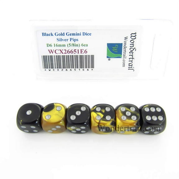 Black and Gold Gemini Dice with Silver Pips D6 16mm (5/8in) Pack of 6 Wondertrail