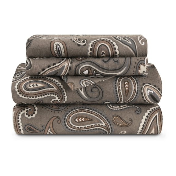 Superior Paisley Flannel Cotton Sheet Set, Full, Grey