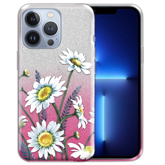 WIRESTER Pink Gradient Glitter Case, Sparkle Bling TPU Cover for Apple iPhone 13 Pro 6.1" 2021, Daisies Flowers