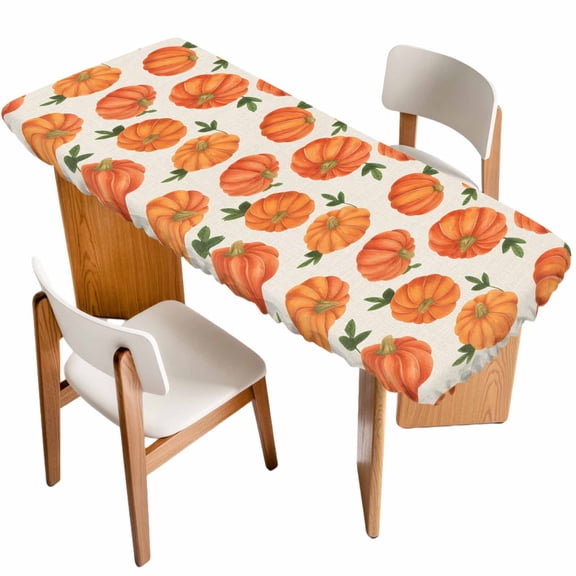 Thanksgiving Fall Table Cloths for 8 Foot Rectangle Tables, Farmhouse Autumn Orange Pumpkin Patio Waterproof Elastic Fitted Tablecloths, Washable Rectangular Table Cover for Camping