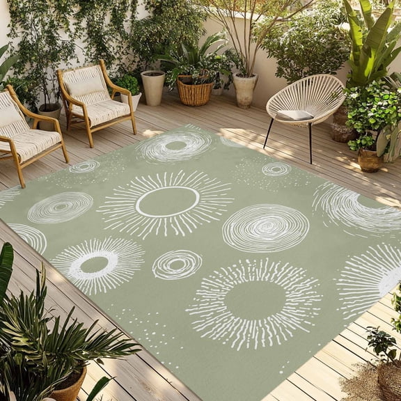 Geometric Outdoor Rug 6x9 Ft - Reversible Patio Rug Outdoor Camping Rugs, Abstract Sage Green White Boho Circle Dot Washable Indoor Outdoor Area Rugs, Non-Slip Outdoor Carpet Runner for Deck/Porch