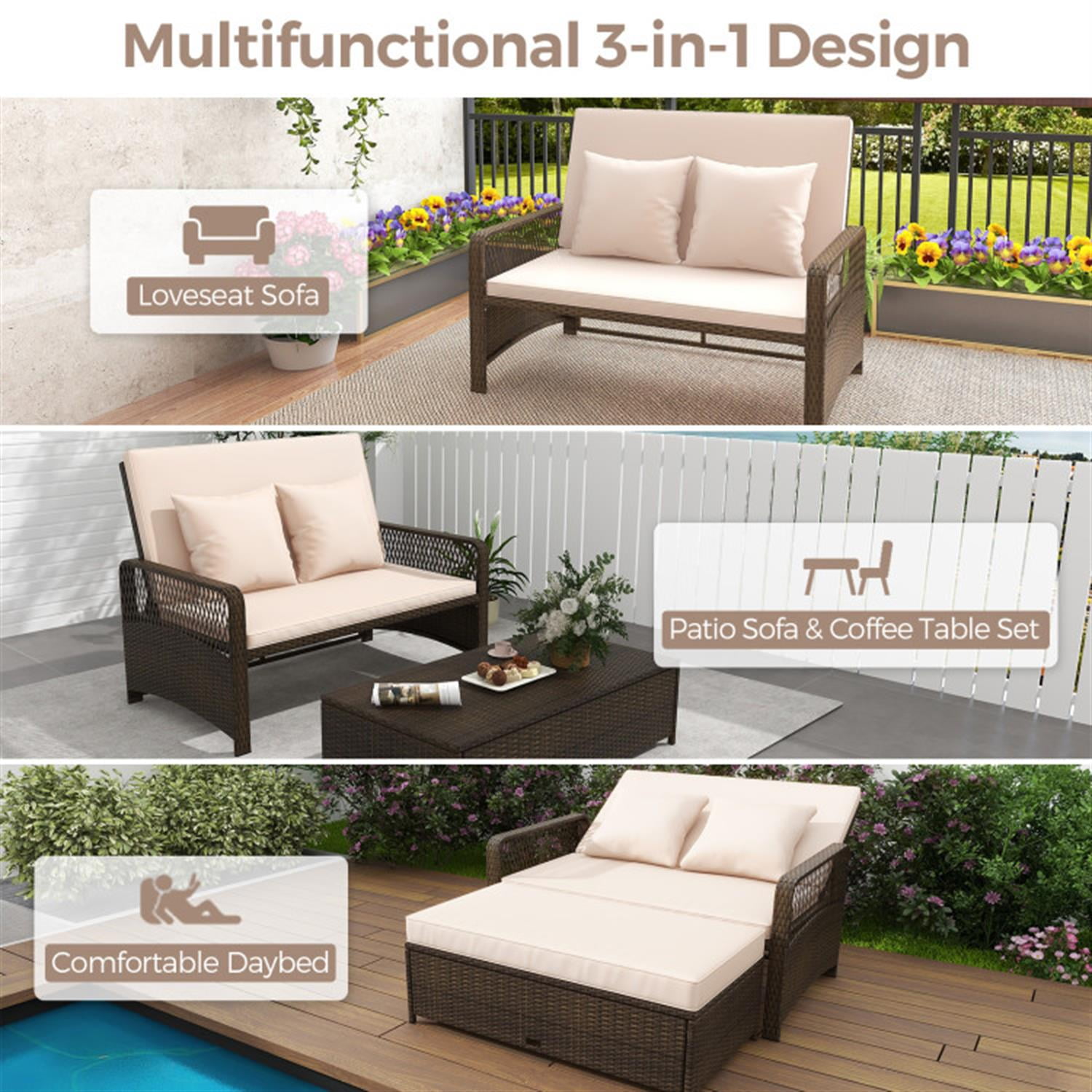 Demi Bonn Outdoor Patio Adjustable Wicker Daybed with 4-Level Backrest and Soft Cushions, Conversation Loveseats for Garden Poolside Balcony, Beige