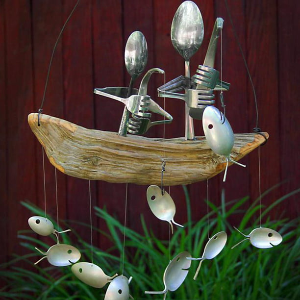 Hot Sale Fishing Man Spoon Fish Sculptures Wind Chime Indoor Outdoor  Hanging Ornament Decoration 
