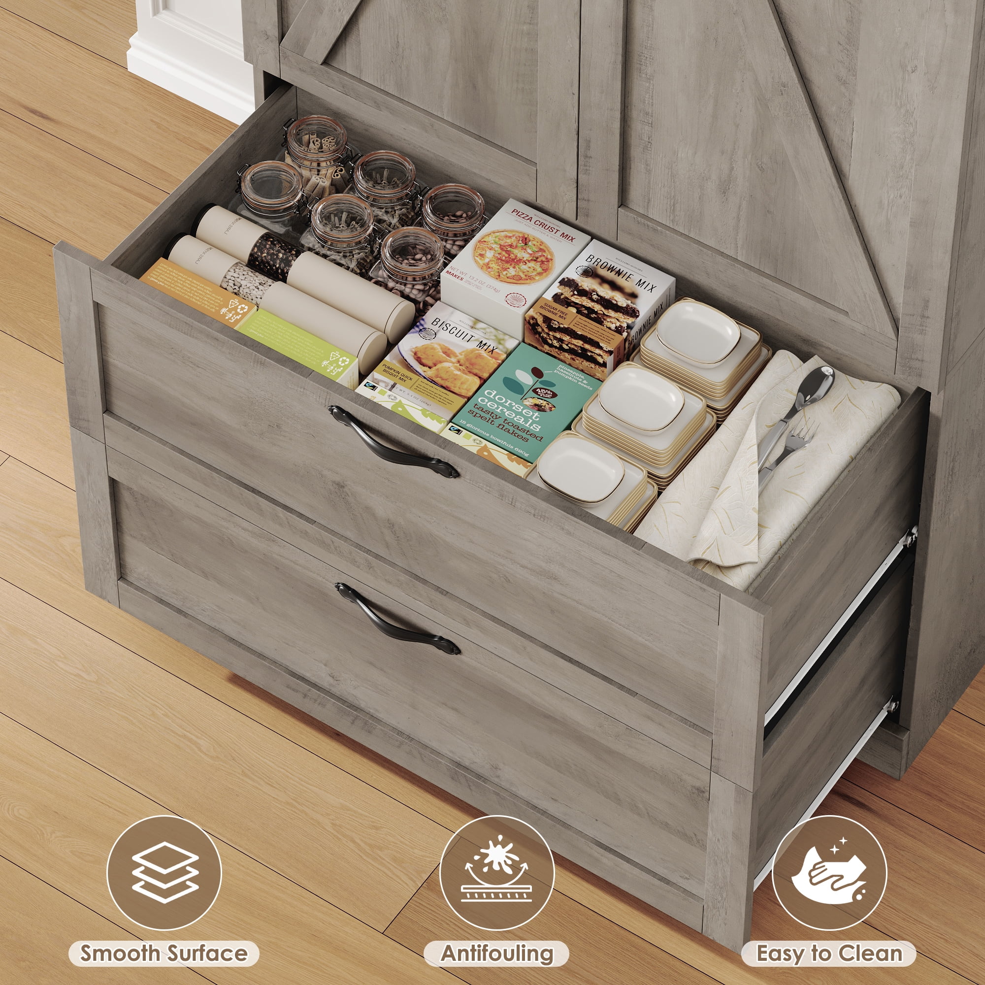 Homfa 70'' Tall Kitchen Pantry with Shelf & Drawer, Farmhouse 2 Door Pantry Storage Cabinet for Dining Room Living Room, Wash Gray