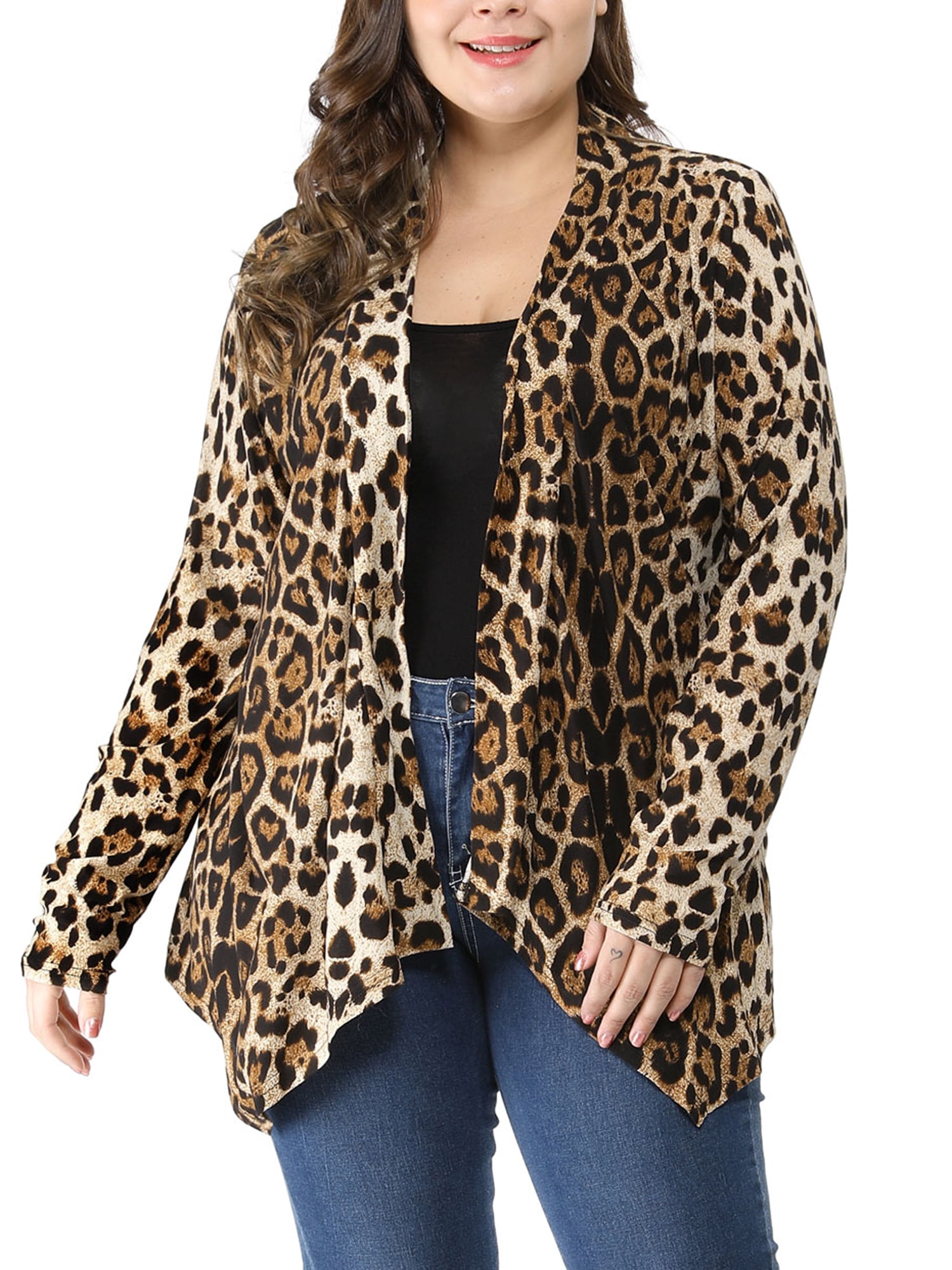 Unique Bargains Juniors' Plus Size Leopard Front Open Asymmetrical Cardigan 3X Beige