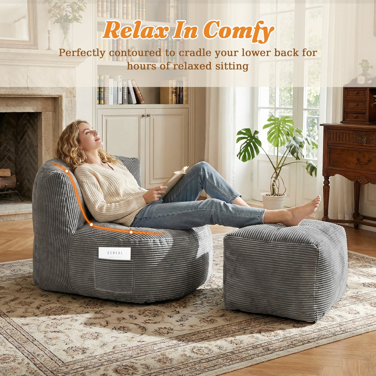 TOPCHANCES Large Bean Bag Chair for Adults, Crushed Foam Floor Chair with Storage Pocket & Carry Handle,  Indoor Lazy Lounger Sofa for Living Room Bedroom, Dark Gray
