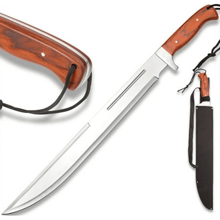 Tumis Machete and Shoulder Harness Sheath - Stainless Steel Blade Wooden Handle Scales Stainless Steel Guard Lanyard Cord - Knife for Clearing Brush - Length 25