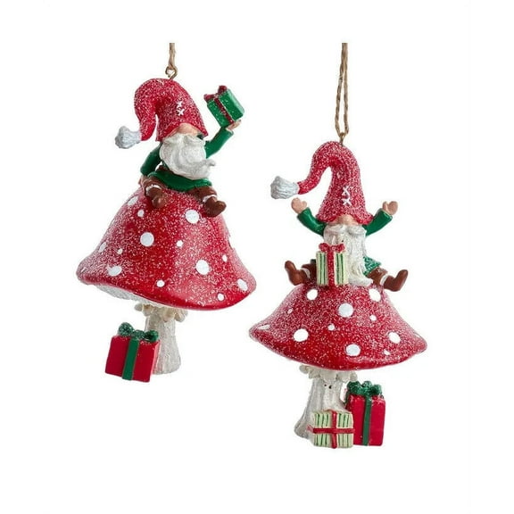 Set of 2 GNOME ON MUSHROOM Christmas Ornaments, by Kurt Adler