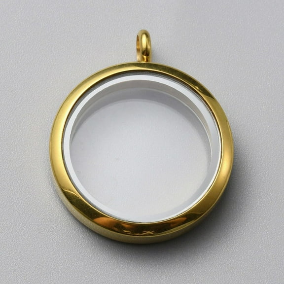 2pc 304 Stainless Steel Locket Pendants with Glass DIY Accessories for Jewelry Pendant Making Flat Round Charm Golden 36x29.5x7mm Hole: 5mm