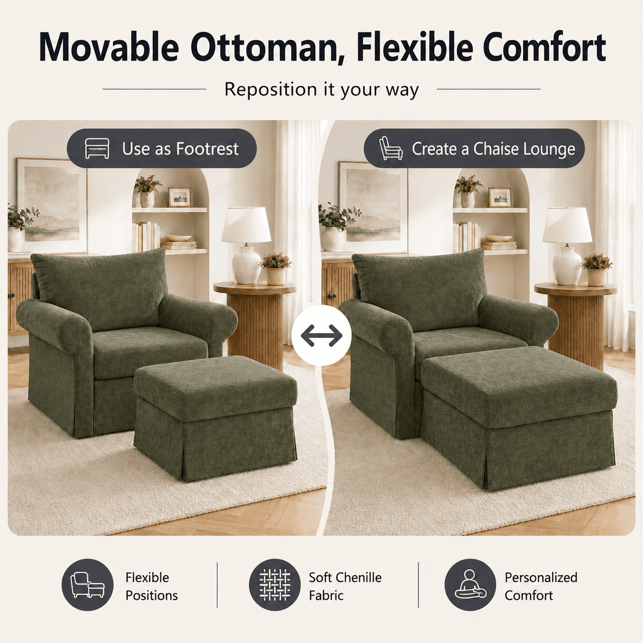 Aukfa 37.5" Oversized Chenille Accent Chair with Ottoman, Upholstered Armchair with Footrest for Living Room,Green
