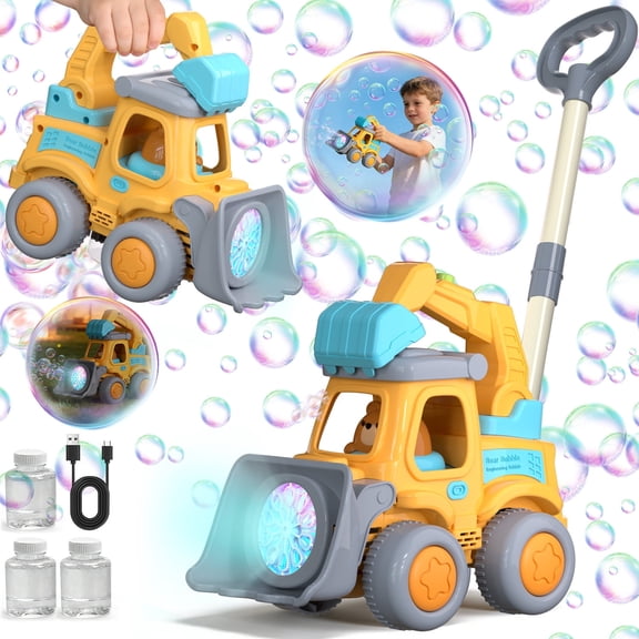 JoyStone Automatic Bubble Machine Toys for Toddlers, Push & Handheld Bubble Lawn Mower with Lights, Rechargeable Bubble Blower Toy for Kids Ages 36, Yellow