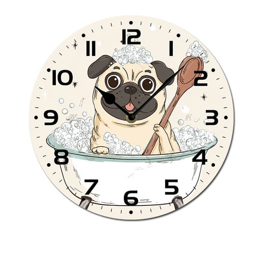 ZXCXRQFa Cartoon Pug Dog Sitting In Bathtub Wall Clock Non Ticking Silent Kitchen Clock Round Battery Operated Clocks 10 inch for Living Room Bedroom Decor