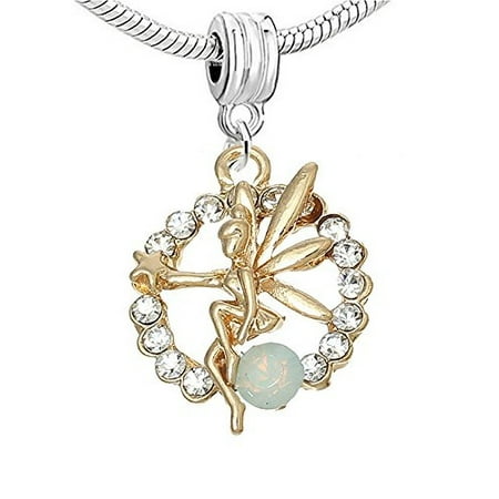 Tinkerbell Heart Charm - Tinkerbell Fairy with Crystals Charm European Bead Compatible for Most European Snake Chain Bracelet