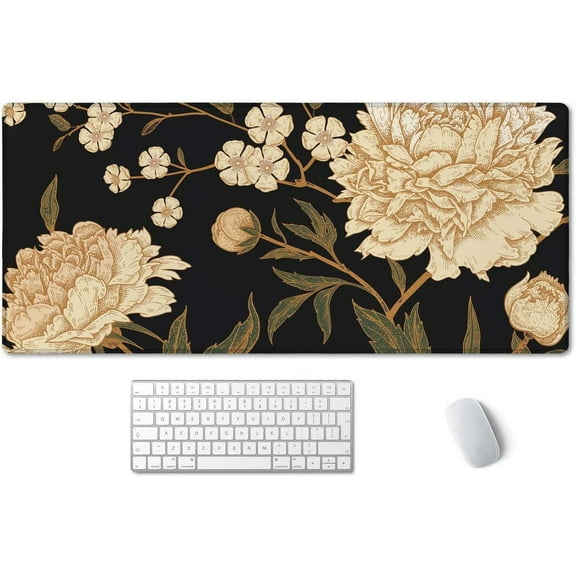 White Peony Desk Pad, Beige Desk Protector, Green Desk Blotter, Floral Keyboard Mat, Extended Gaming Mouse Pad (35.5x15.7 in), Large Non-Slip Rubber Base Mousepad with Stitched Edges