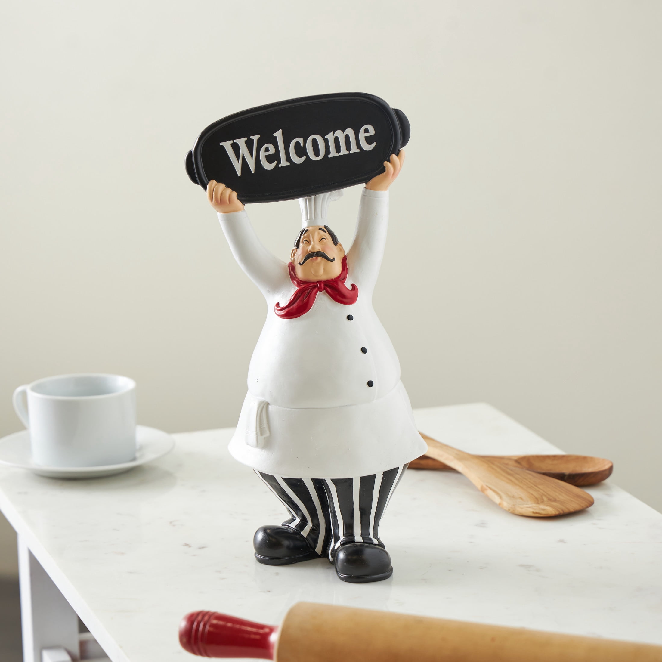 6" x 13" White Polystone Kitchen Decorative Figurine Chef Sculpture with Welcome Sign, by DecMode