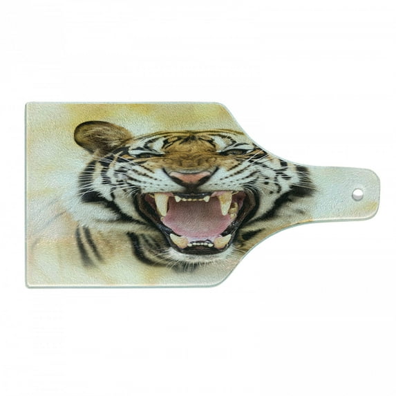 Tiger Cutting Board, Young Panthera Tigris Altaica Growling in Angry Manner Portrait of a Young Large Cat, Tempered Glass Cutting and Serving Board, Wine Bottle Shape, Multicolor, by Ambesonne