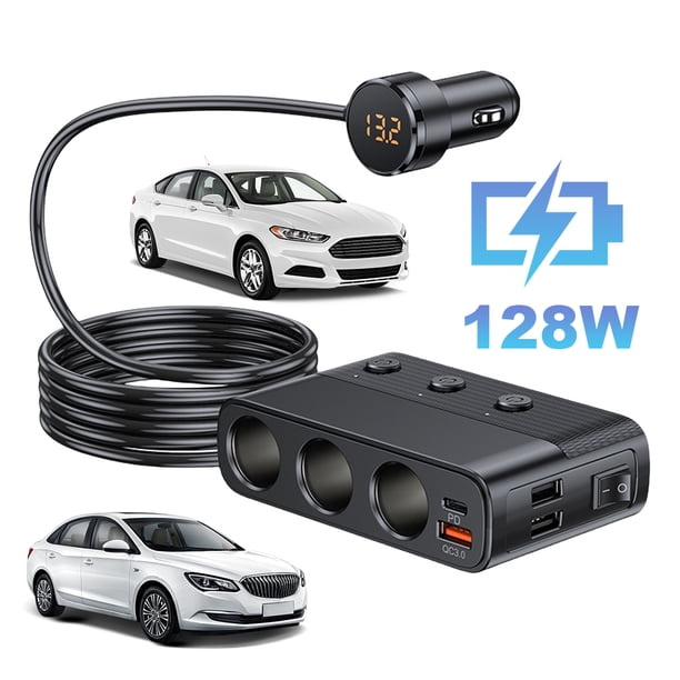 Encendedor Cigarrillos para Coche C28 A Tres Con Interruptor Cargador Coche Carga Rápida Qc3.0 Alta Potencia 3usb128W Con Vídeo