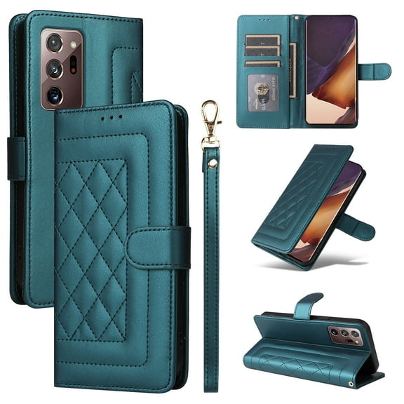 for Samsung Galaxy Note 20 Thin Fit Case Cover, Premium PU Leather Magnetic Wallet Flip Case with Stand Bracket Holder Flip Cover with Card Slots and Wrist Strap for Note 20 - Darkgreen