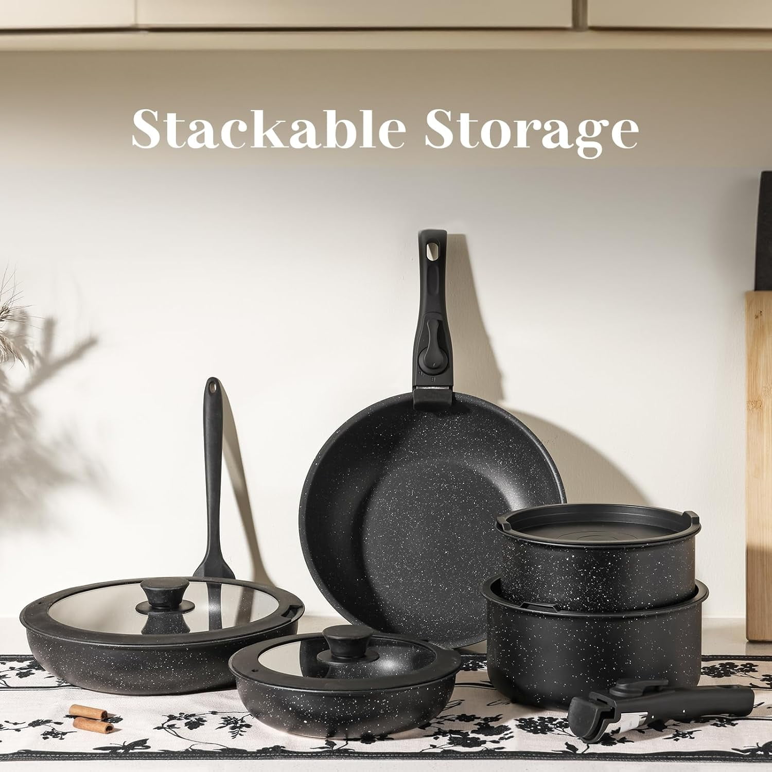 12-Piece Nonstick Pots and Pans Set, Stackable Kitchen Cookware Sets with Removable Handle, Induction Compatible, Black