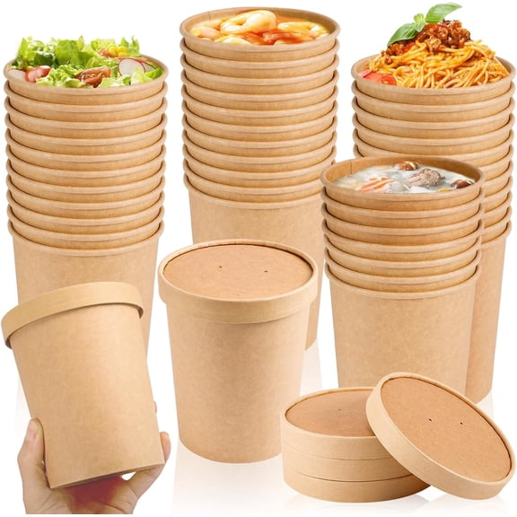 50 Pack Paper Soup Containers with Vented Lid,32 Oz Disposable Kraft Paper Food Cups,To Go Hot Soup Bowls,Paper Food Containers for Ice Cream Dessert Soup Frozen Yogurt (Brown)