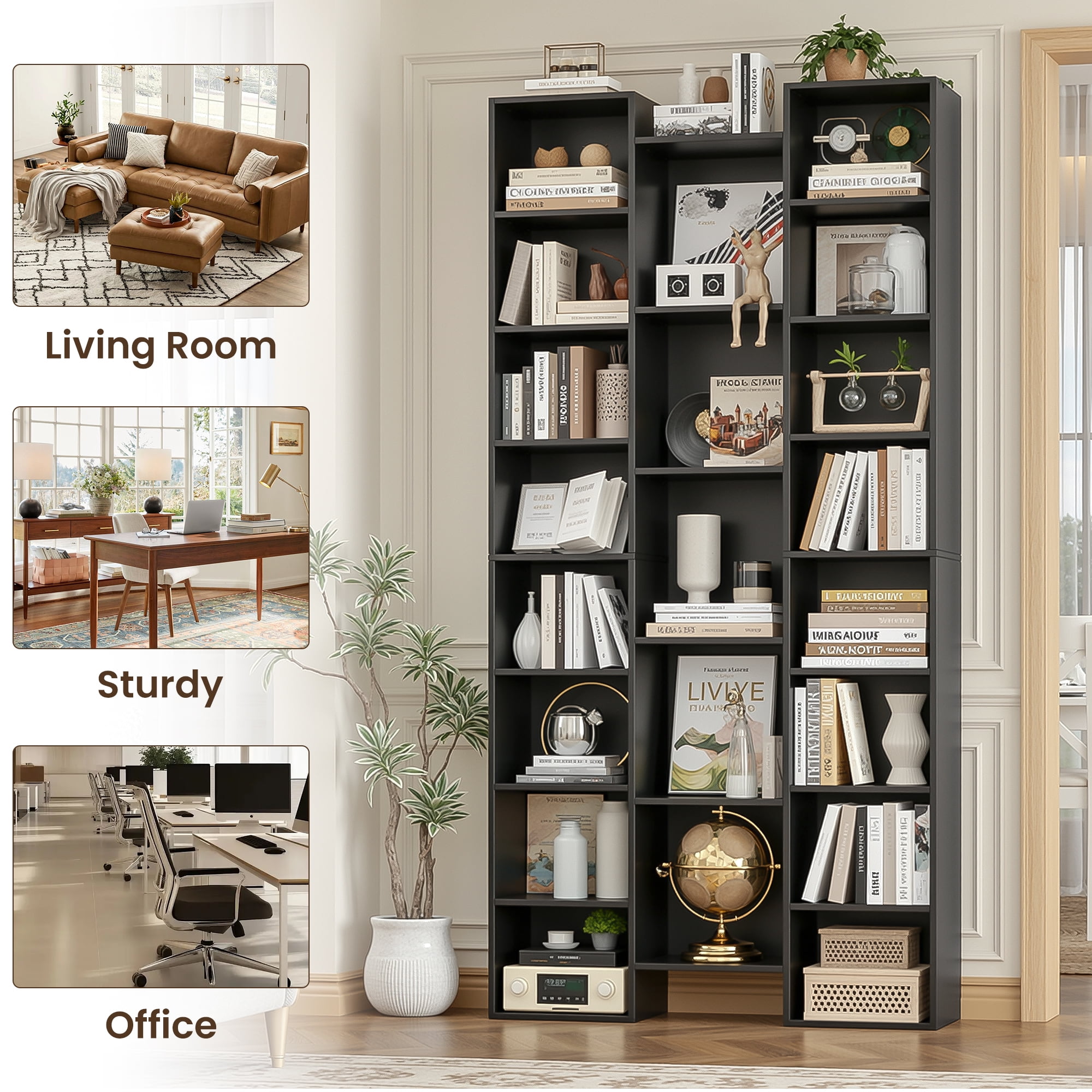 Homfa 21-Cube Bookcase and Bookshelves with Adjustable Shelves, 71.3'' Triple Width Open CD Display Storage Rack, Black