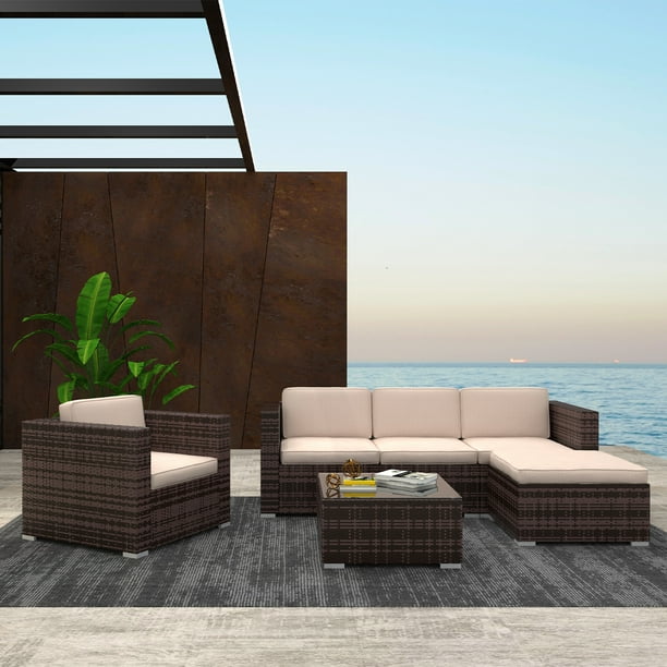 Cloud Mountain Outdoor Sectional 4 Piece Patio Furniture All Weather Wicker Sofa Couch Set With A Glass Coffee Table For Lawn Backyard Porch Or Deck Com Wicker Furniture Sofa Couch Set, Mountain Outdoor Furniture