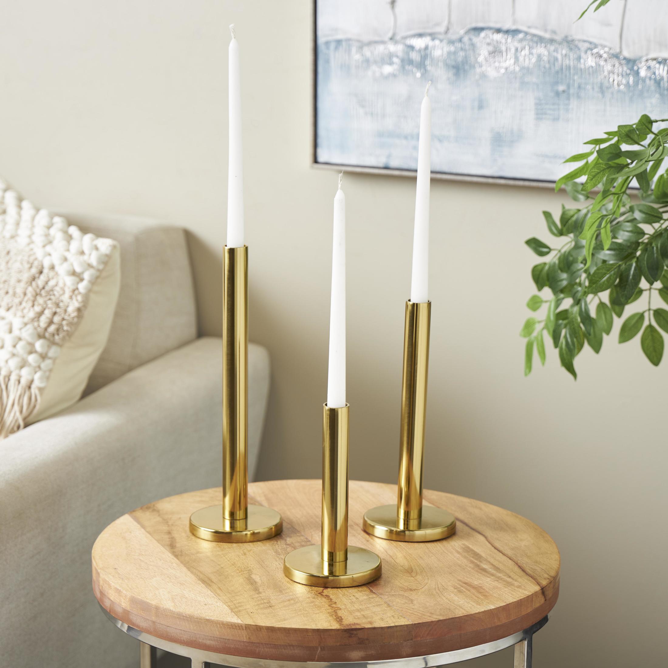 DecMode 3 Candle Gold Stainless Steel Metal Slim Candle Holder with Round Base, Set of 3