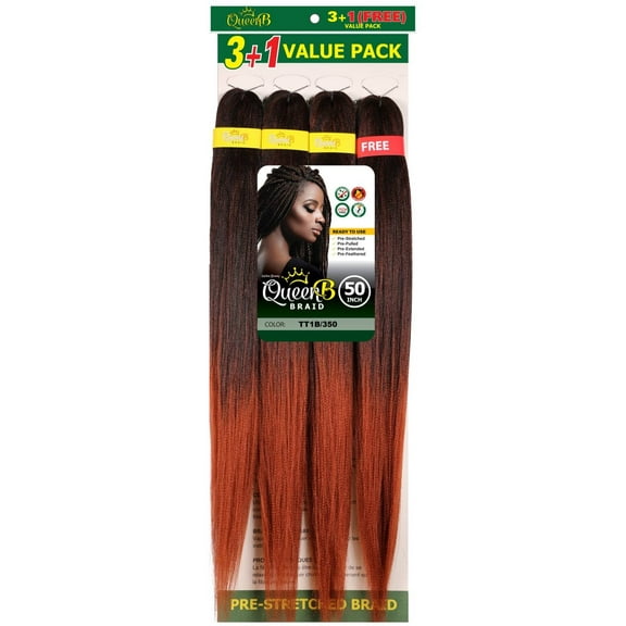 QueenB 4X Value Pack Pre-Stretched Braiding Hair 50” – Color TT1B/350
