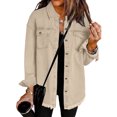 thumbnail image 2 of adviicd Women's Oversized Button Up Frayed Hem Shacket Long Sleeve Pockets Denim Jean Jacket Khaki, L, 2 of 5
