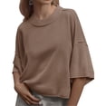 thumbnail image 2 of Short Sleeved Solid Color Women Casual Crewneck Knit Crop Sweater Tops, 2 of 5
