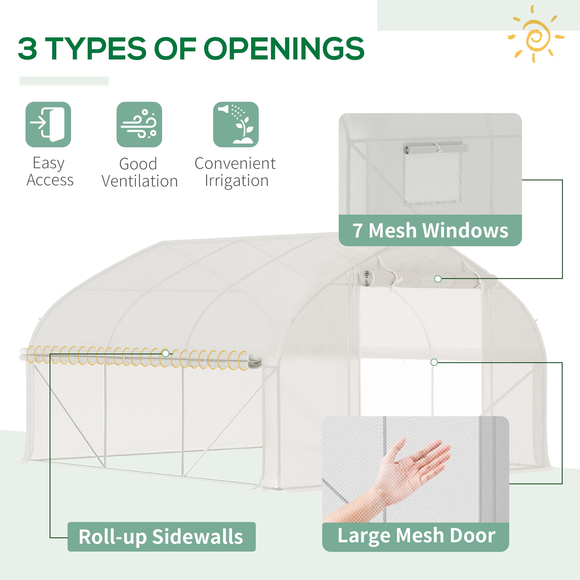 Outsunny Tunnel Greenhouse w/ Mesh Door & Roll-up Sidewalls Hot House White
