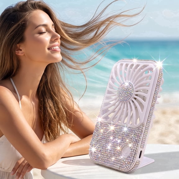 Bling Rhinestone Portable 3-Speed Mini Fan, USB Rechargeable Mini Fan