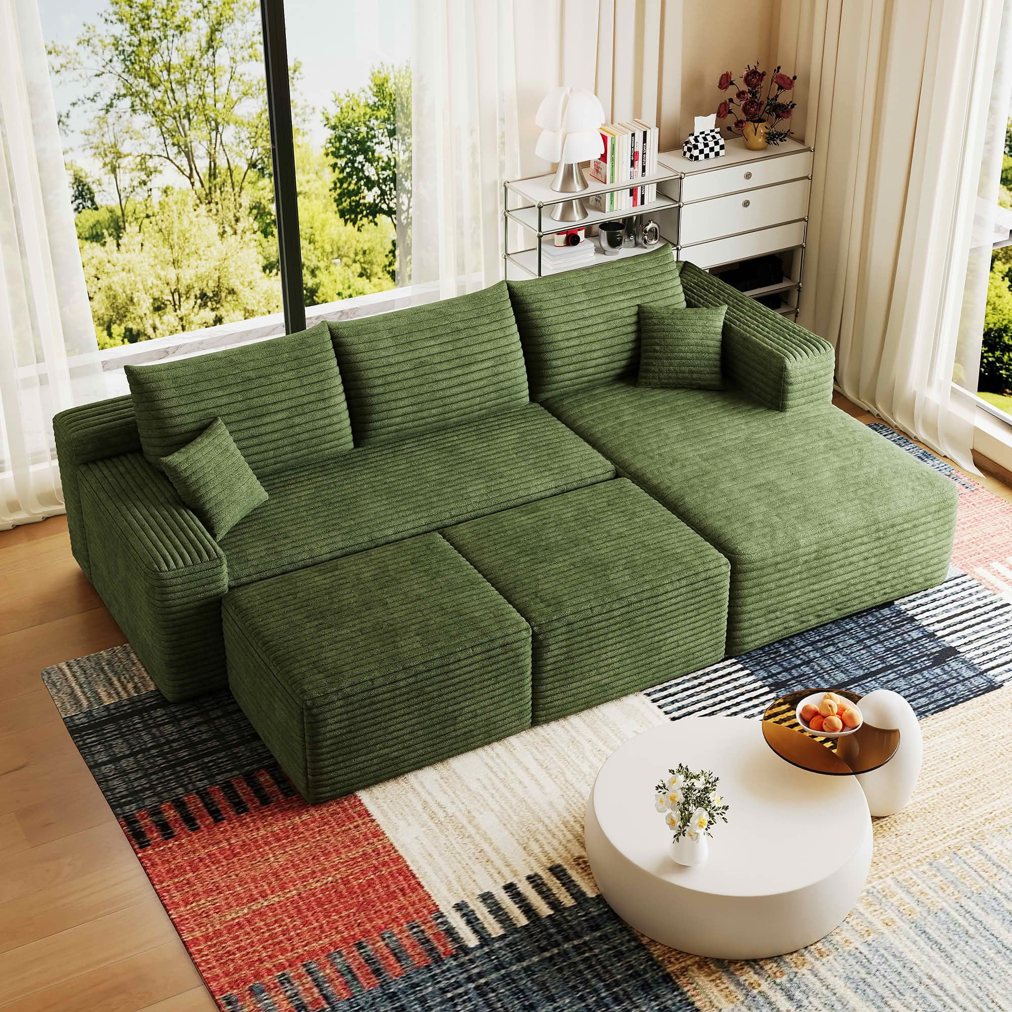 MAYEERTY 95 Inch U‑Shaped Cloud Sectional Sofa with 2 Ottomans, Modern Deep‑Seat Corner Couch, Plush Corduroy Reversible Sofa, No‑Assembly for Living Room Bedroom Apartment
