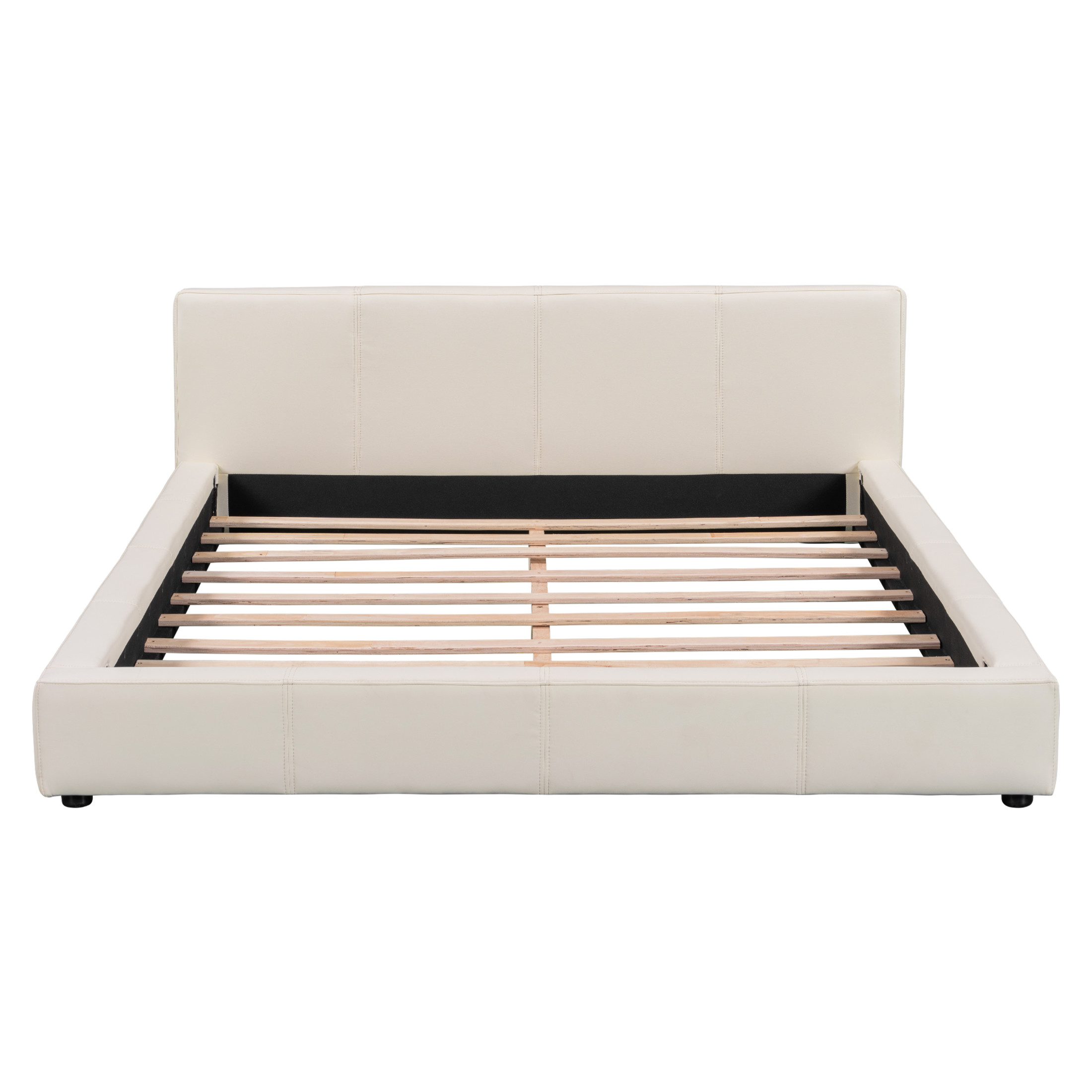 Christopher Knight Home 88" Queen Size Platform Bed Frame, Modern Faux Leather Upholstery, Beige
