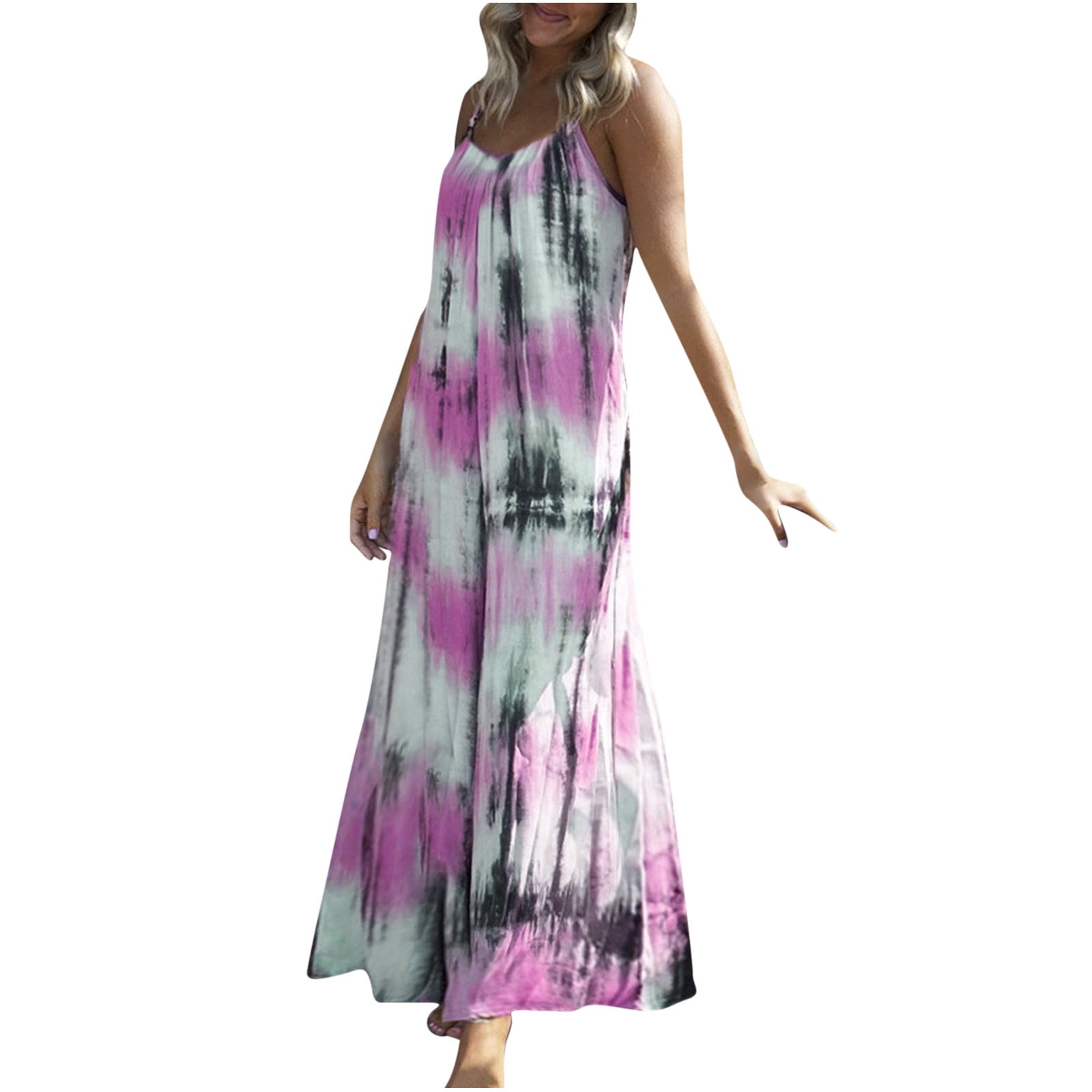 2023 Summer Women's Spaghetti Strap Maxi Dress V Neck Tie Dye Long ...