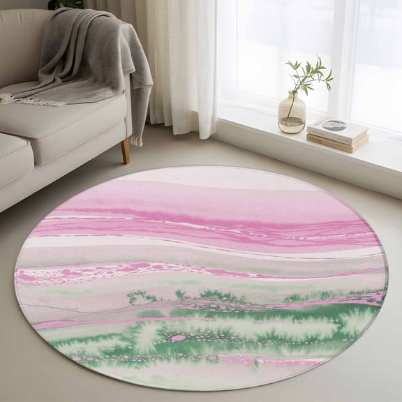 Pink Green Ombre Round Rug 3ft Washable Circle Entryway Rugs Non Slip Abstract Modern Art Fluid Striped Area Rug Indoor Floor Carpet for Bedroom Kitchen Living Room Home Office Dining Room Nursery