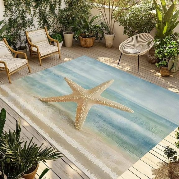 Fsddascl Coastal Beach Outdoor Rug for Patio/Deck/Porch, Non-Slip Large Area Rug 4 x 6 Ft, Summer Retro Ocean Wave Starfish Indoor Outdoor Rugs Washable Area Rugs, Reversible Camping Rug Carpet